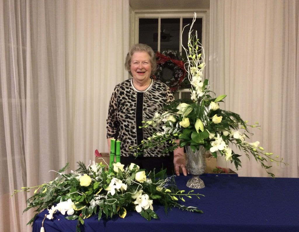 Helen Dooley with her beautiful green & white arrangement